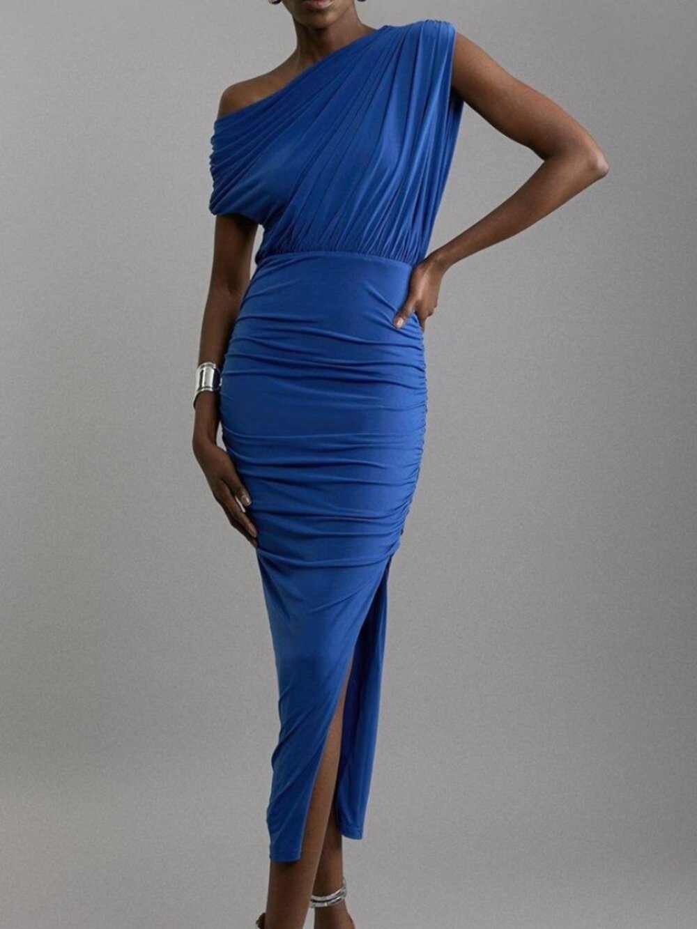 Karen Millen Cobalt Forever Jersey Crepe Asymmetric Neckline Maxi Dress Size S